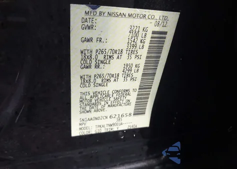 2012 Nissan Armada Sv из США, поврежденный, VIN 5N1AA0ND2CN621658